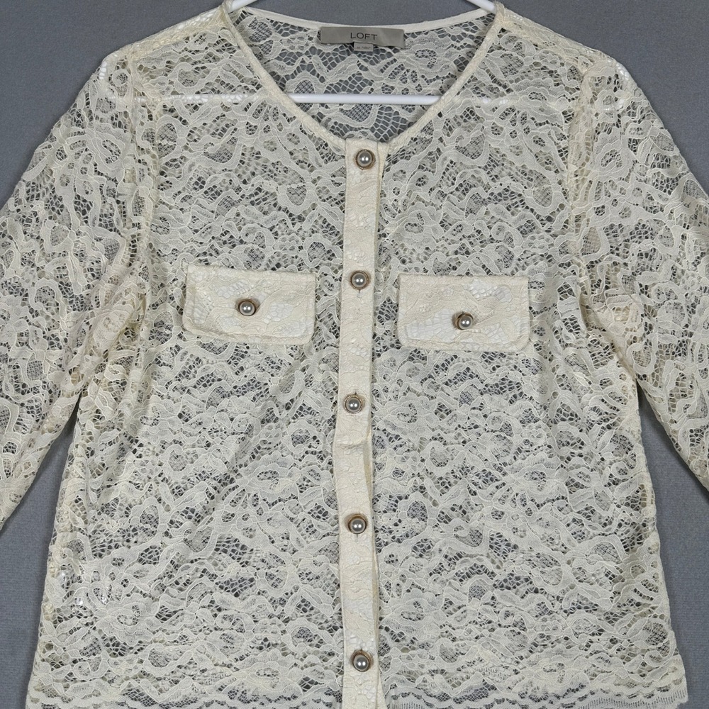 LOFT Lace Cardigan Womens Medium Ivory Pearl Snap Button Front V-Neck Casual EUC